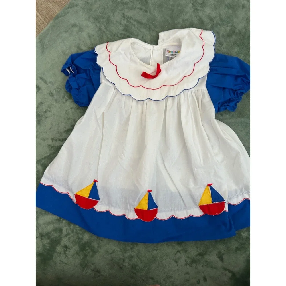 Vintage Kids Stuff Nautical Sailboat‎ Dress Blue White Scalloped 24m Nostalgia